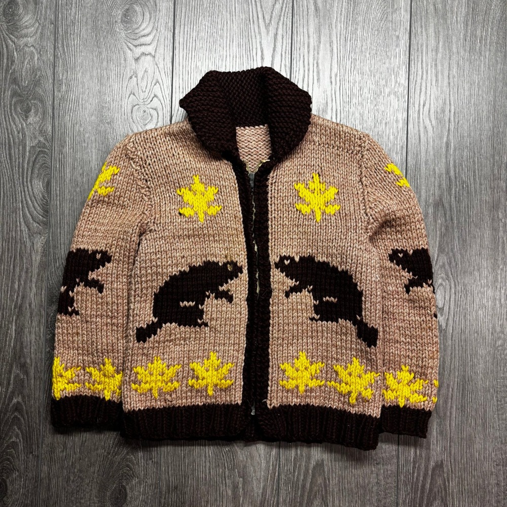 Vintage Kids Beaver Maple Leaf Cowichan Knit Cardigan Sweater Brown Tan Zip Up